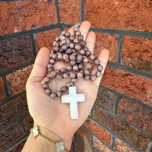 Natural Pink Agate Cross Pendant Necklace - Picture 3 of 6